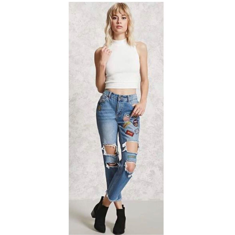 Forever 21 Patch Distressed Boyfriend Jeans size L